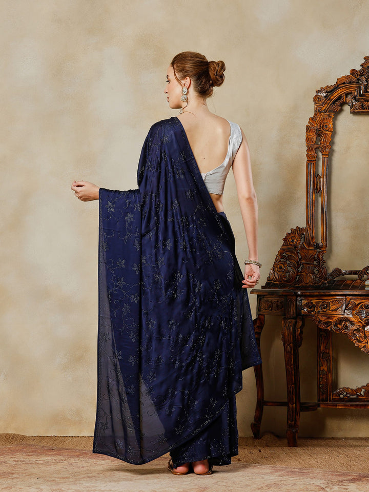 Navy Blue Printed Satin Saree