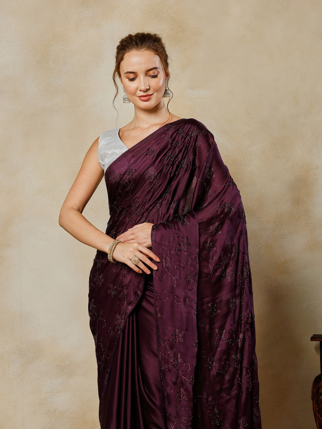 Purple Printed Satin Saree
