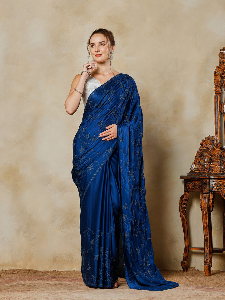 Teal Blue Printed Satin Saree