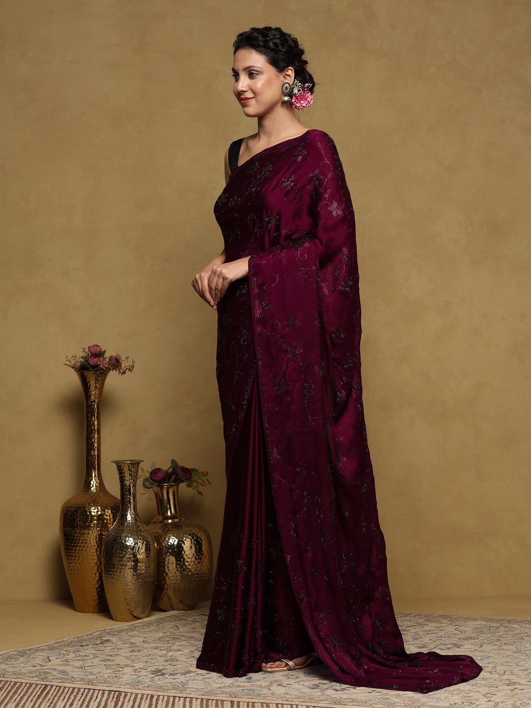 Wine Printed Satin Saree
