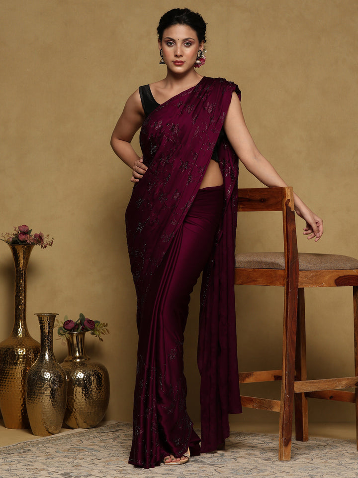 Wine Printed Satin Saree