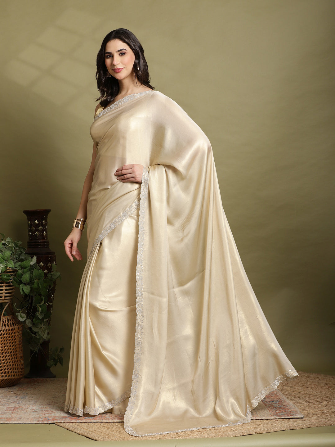 Beige Embroidered Tissue Saree