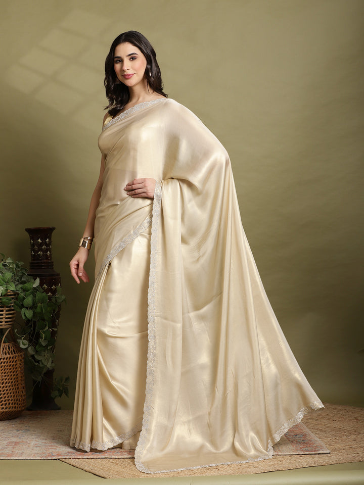 Beige Embroidered Tissue Saree