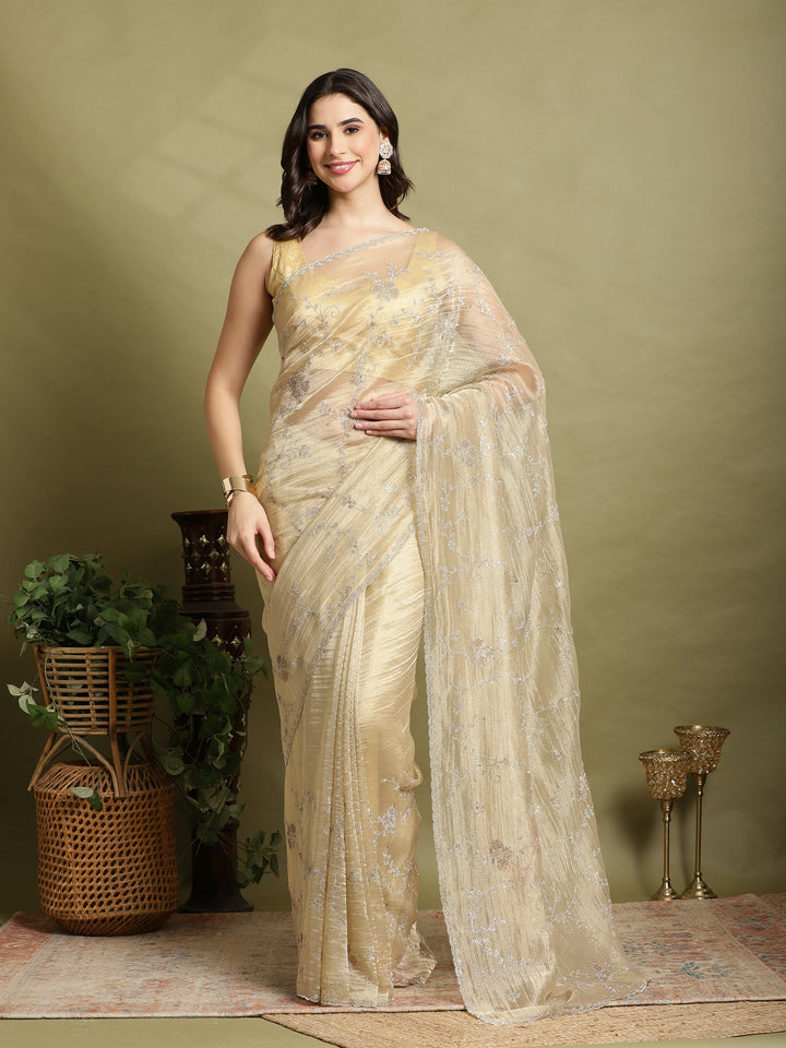 Beige Embroidered Tissue Saree