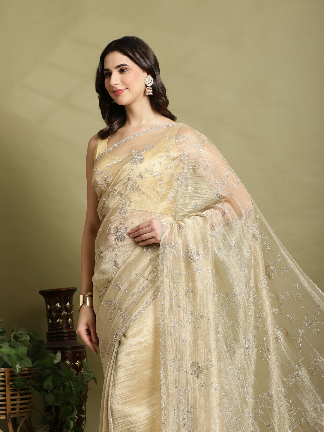 Beige Embroidered Tissue Saree