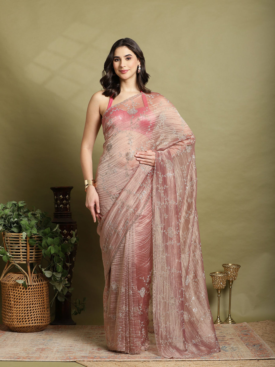 Mauve Embroidered Tissue Saree