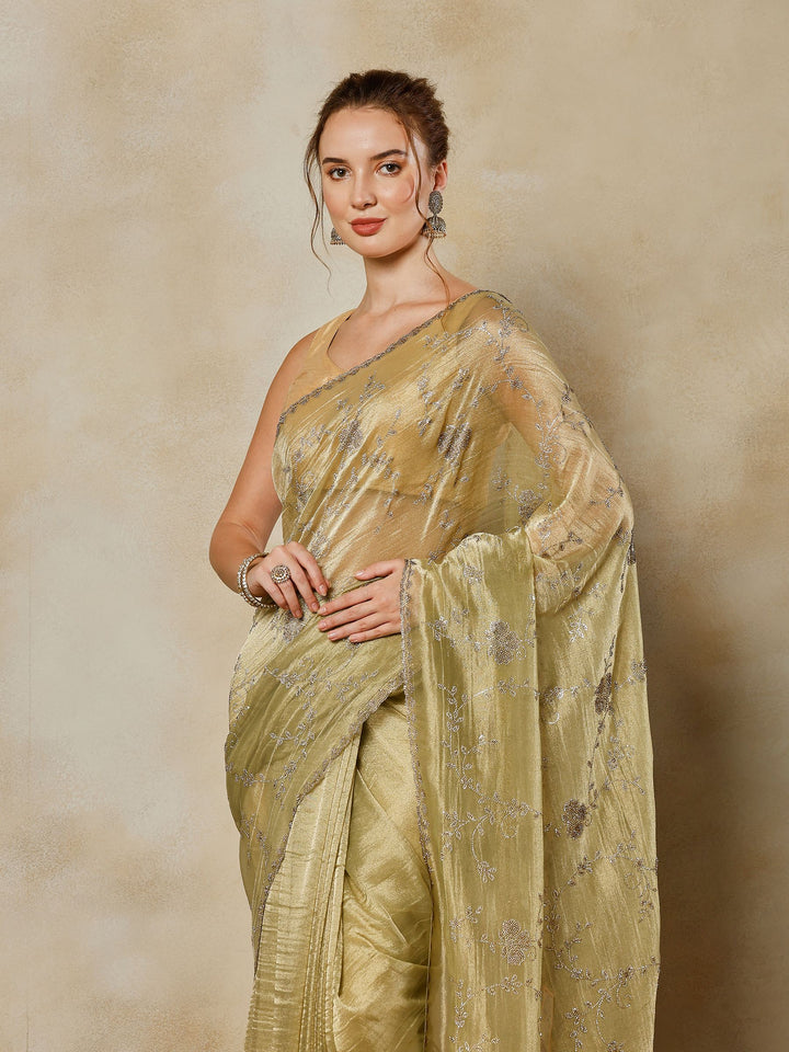 Pista Green Embroidered Tissue Saree