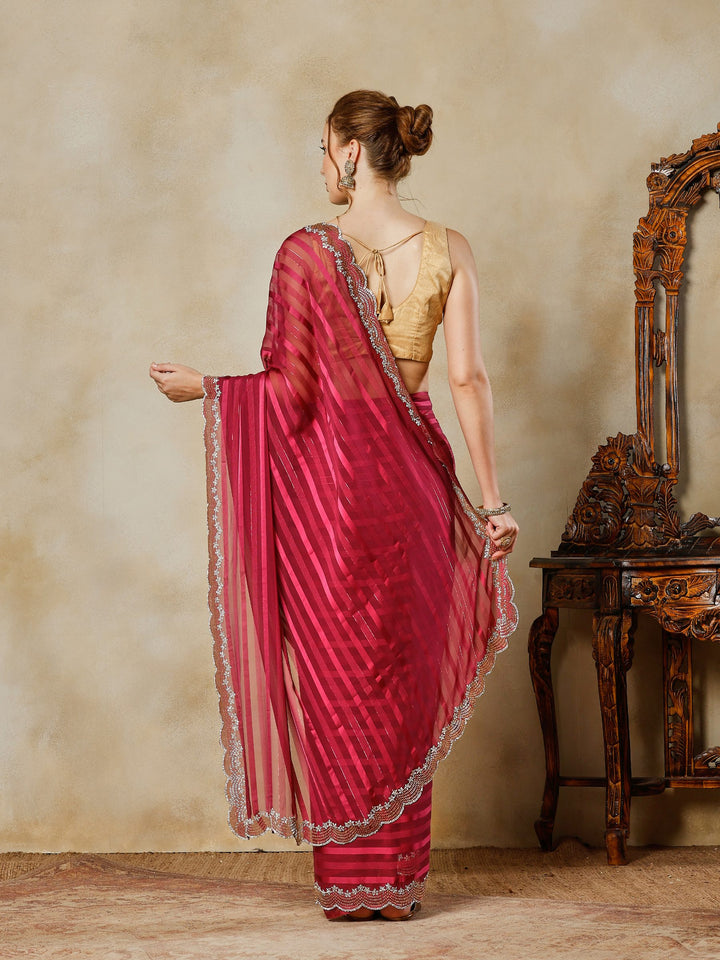 Maroon Embroidered Organza Saree