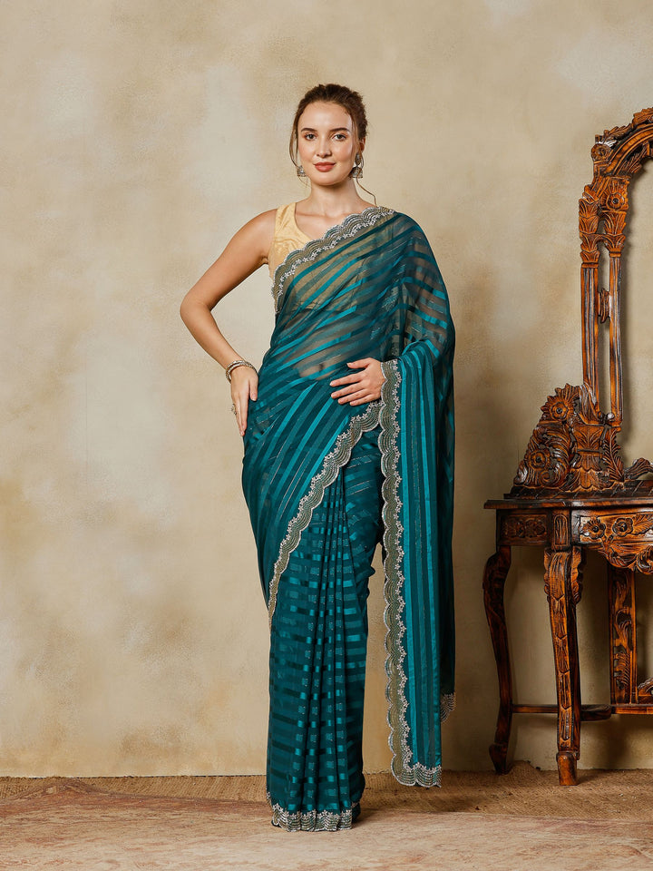 Teal Blue Embroidered Organza Saree