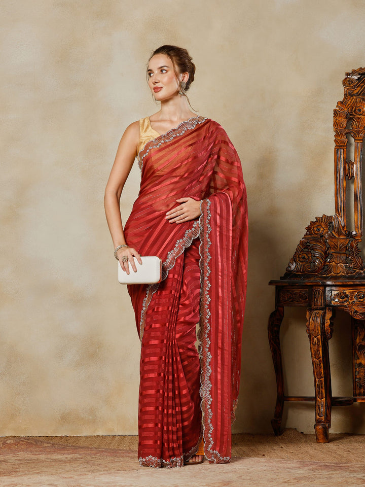 Wine Embroidered Organza Saree