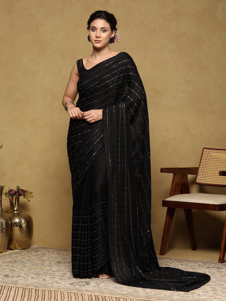 Black Printed Satin Saree