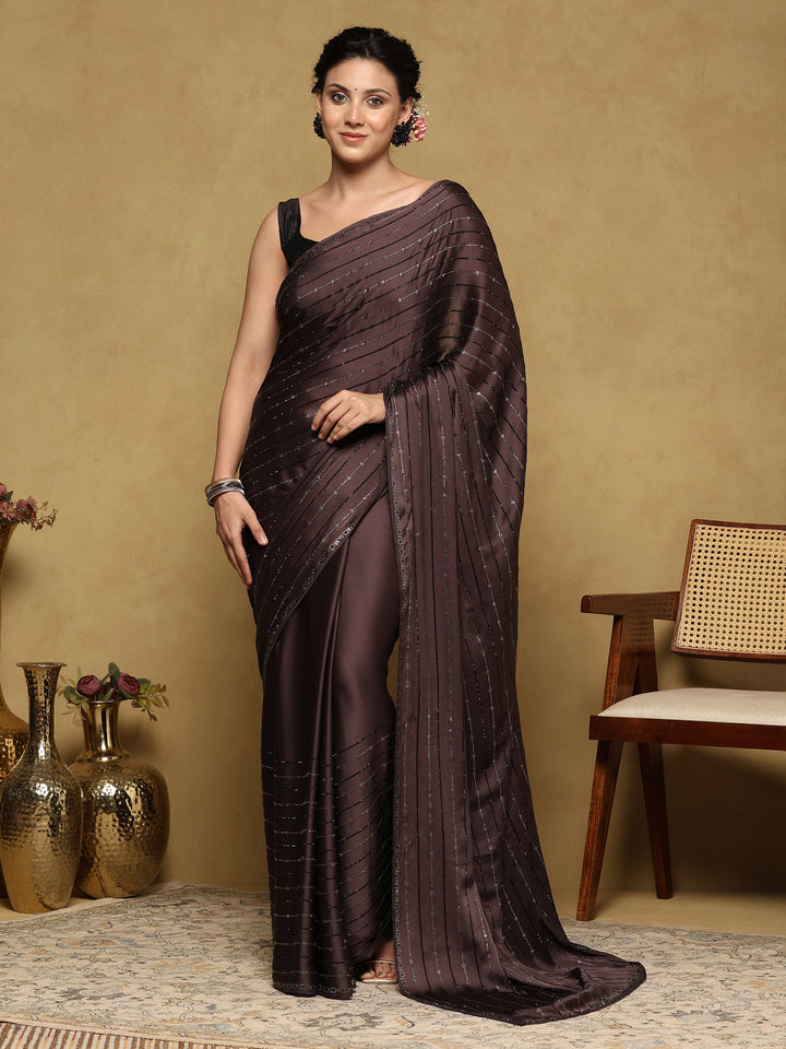 Brown Grey Printed Satin Saree