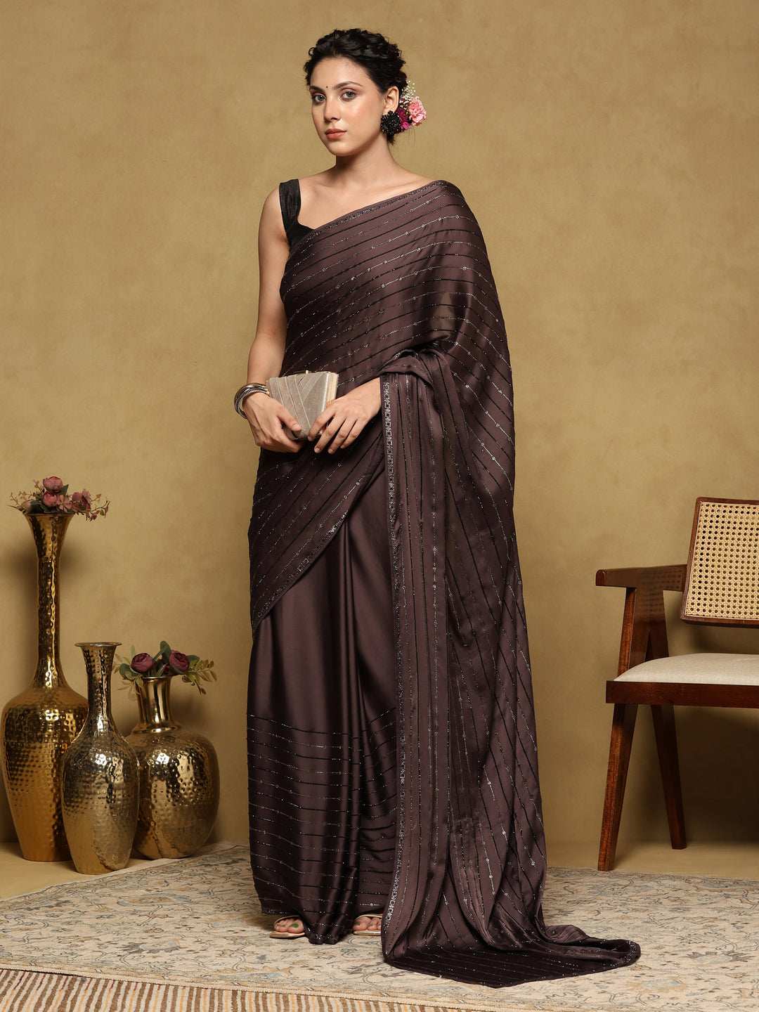 Brown Grey Printed Satin Saree