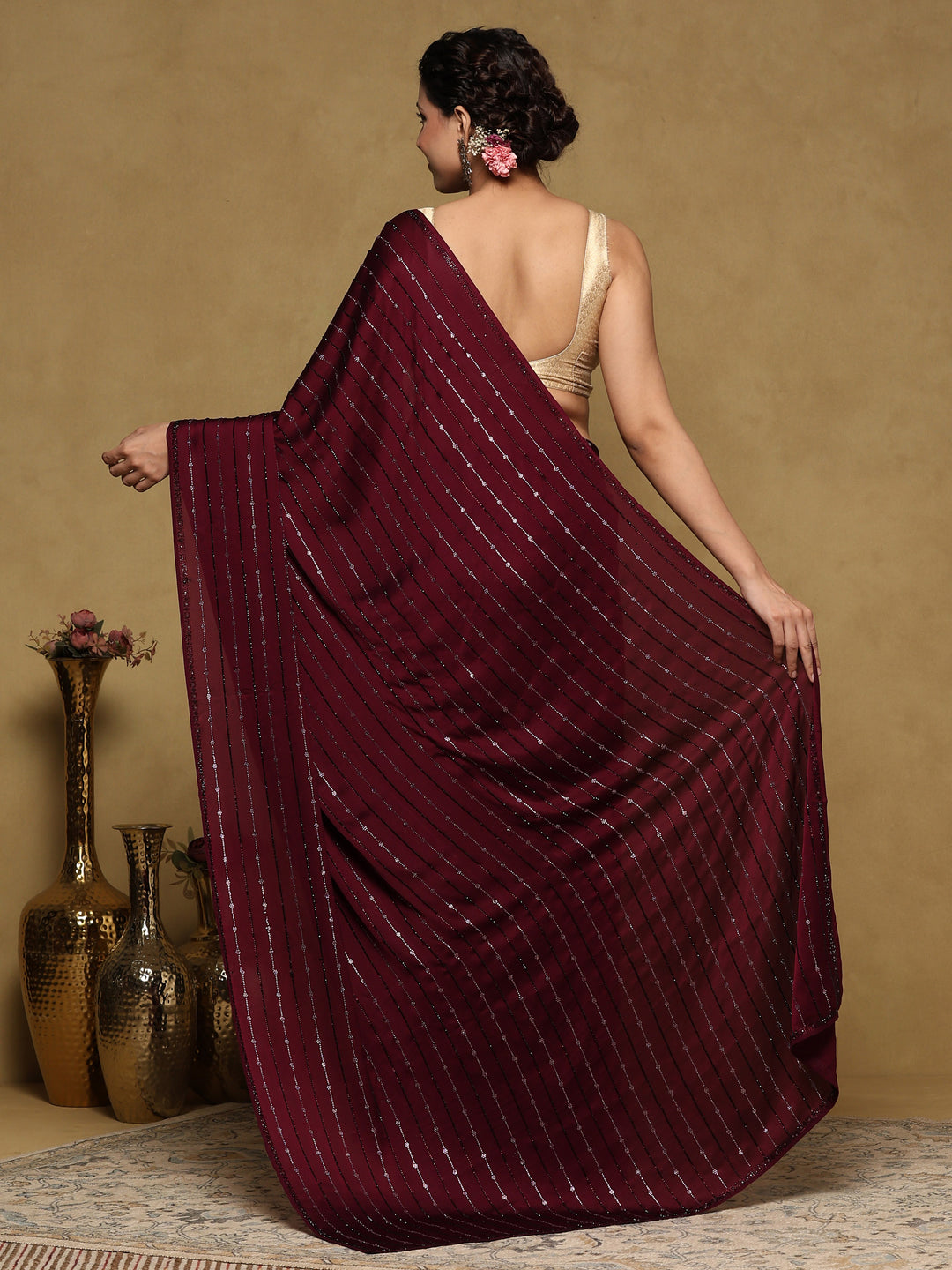 Wine Printed Satin Saree