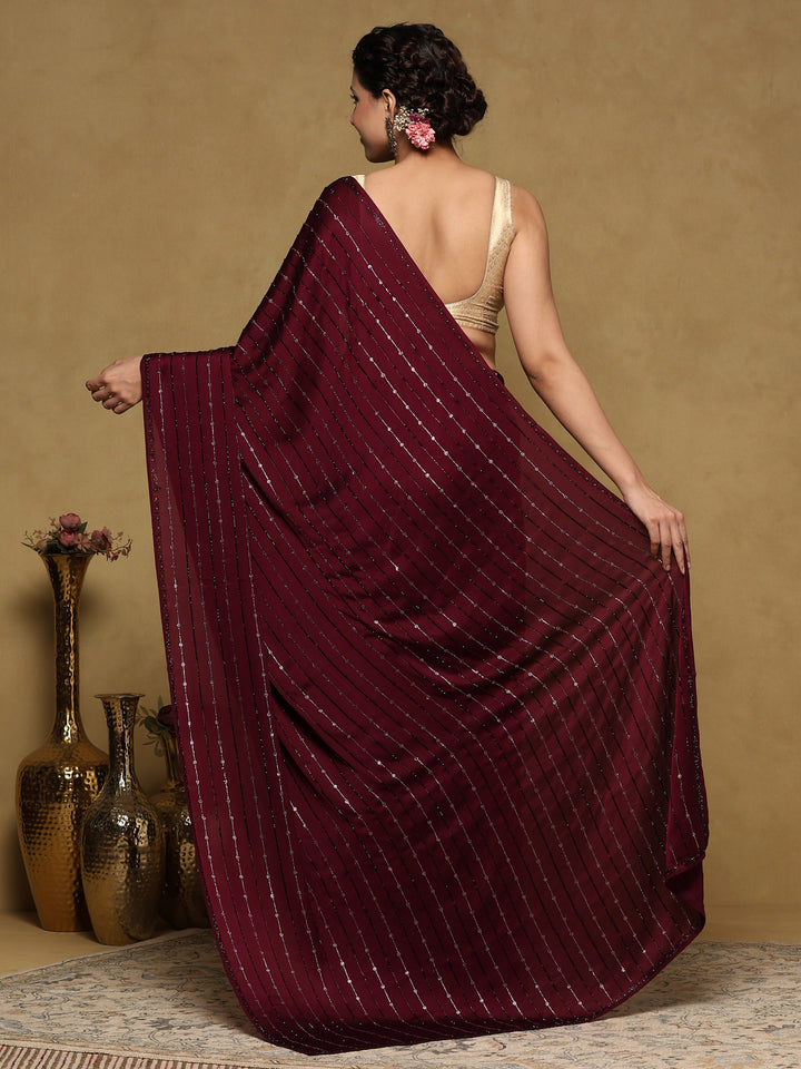 Wine Printed Satin Saree