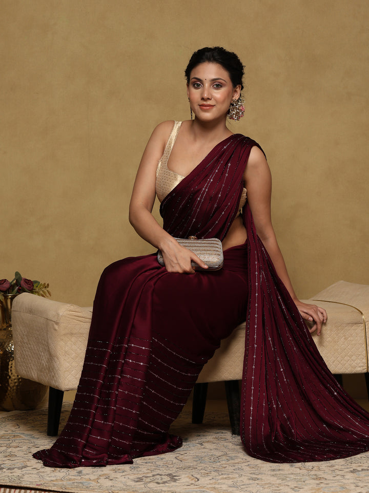 Wine Printed Satin Saree