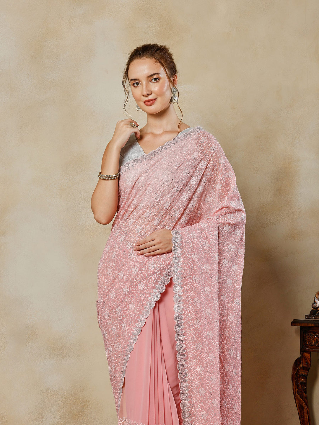 Pink Embroidered Georgette Saree