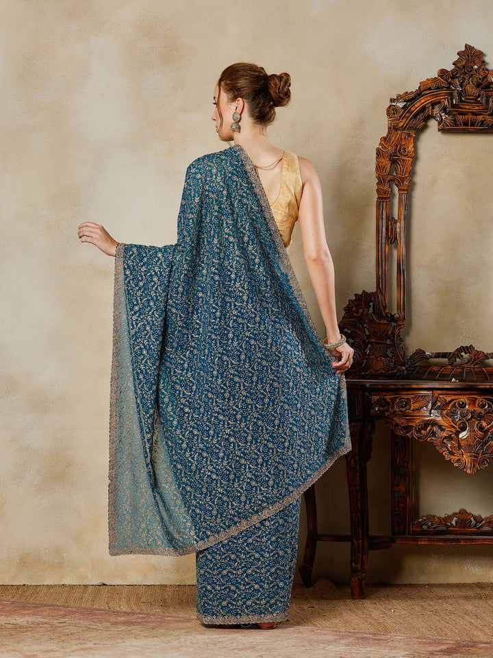 Rama Green Embroidered Georgette Saree