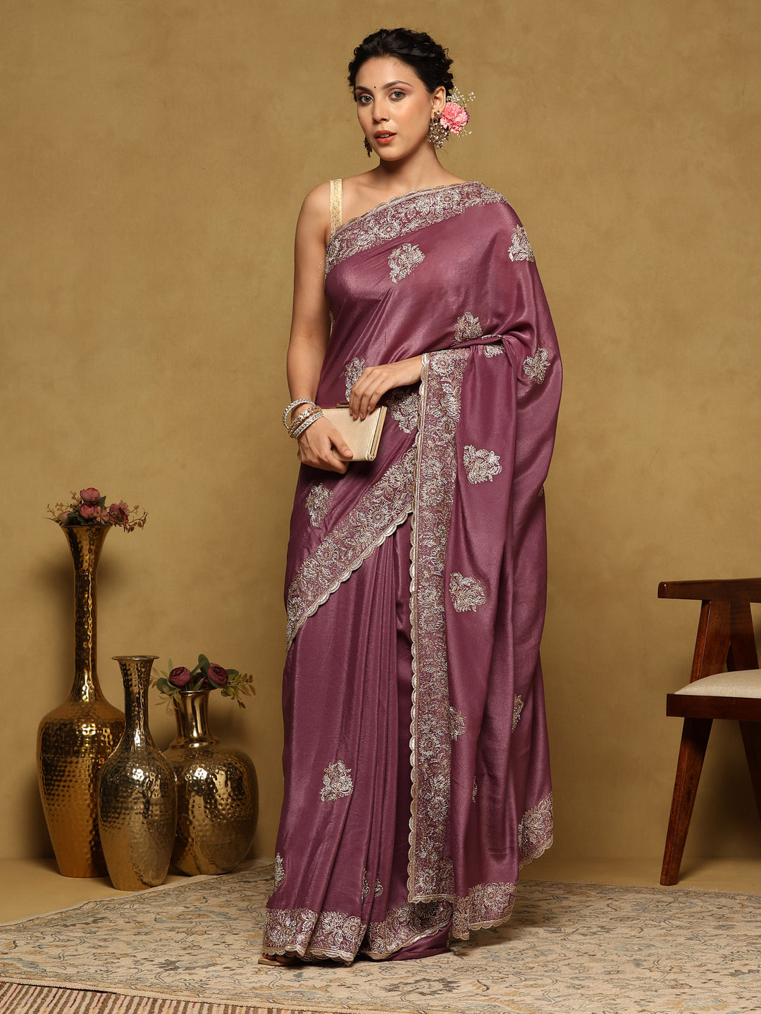 Lavender Embroidered Organza Saree