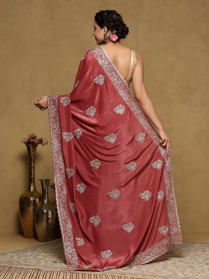 Onion Pink Embroidered Organza Saree