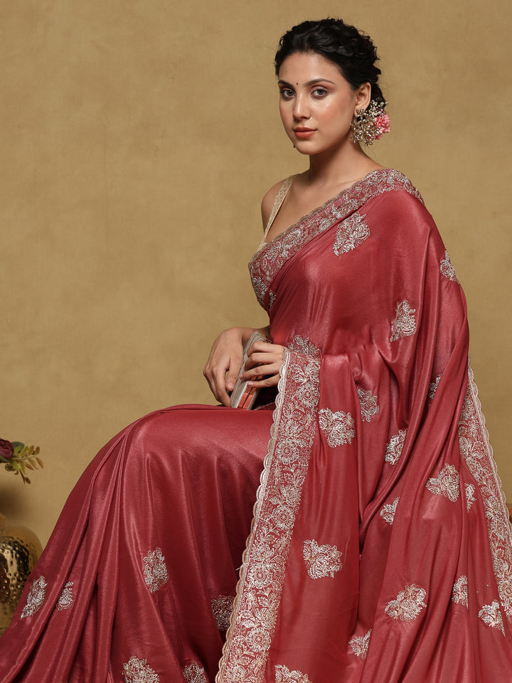 Onion Pink Embroidered Organza Saree