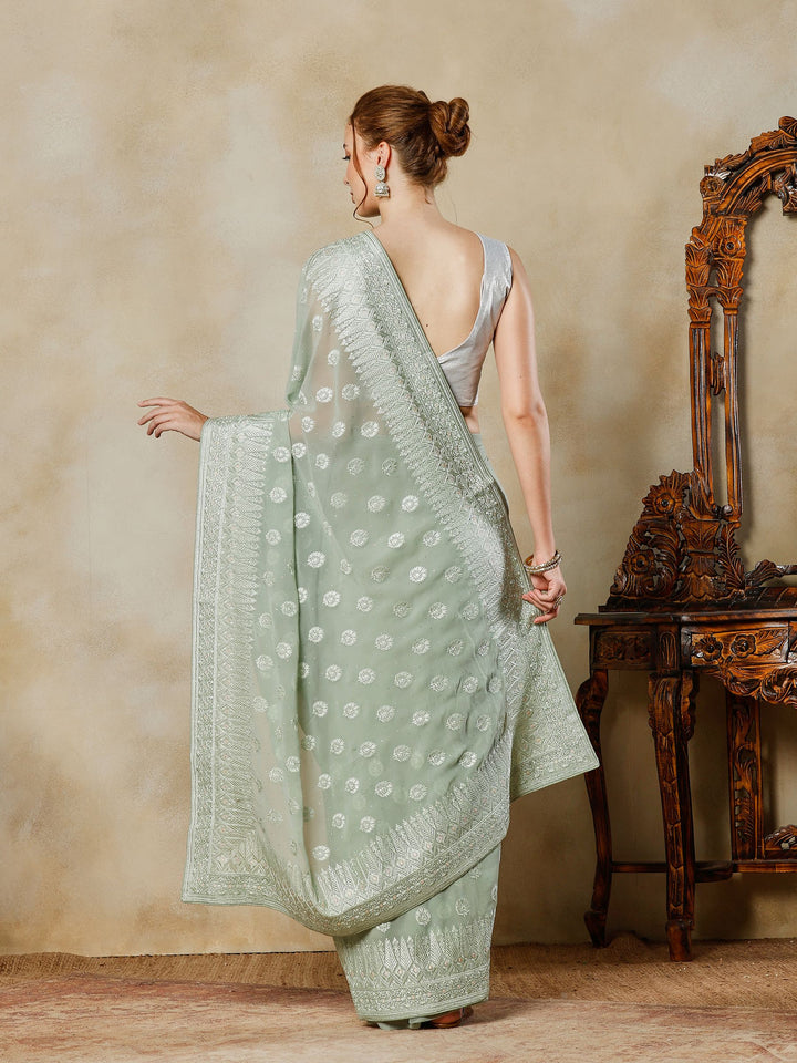Aqua Green Embroidered Georgette Saree