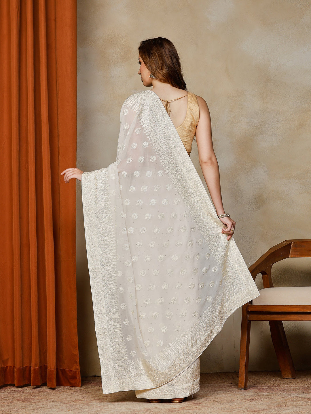 Cream Embroidered Georgette Saree