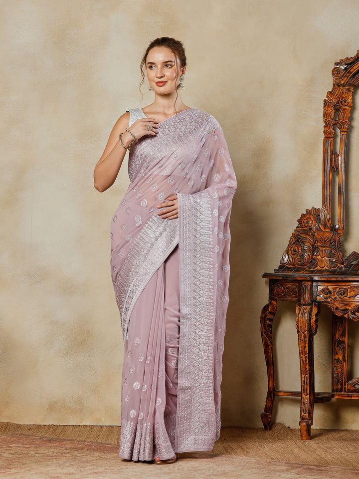 Lavender Embroidered Georgette Saree
