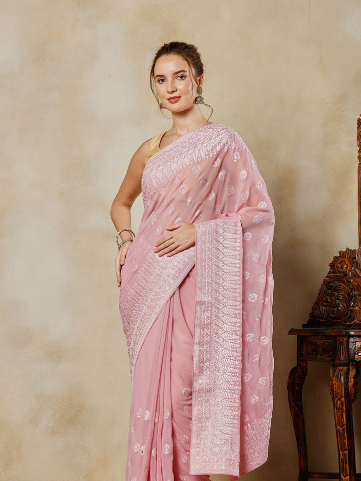Pink Embroidered Georgette Saree