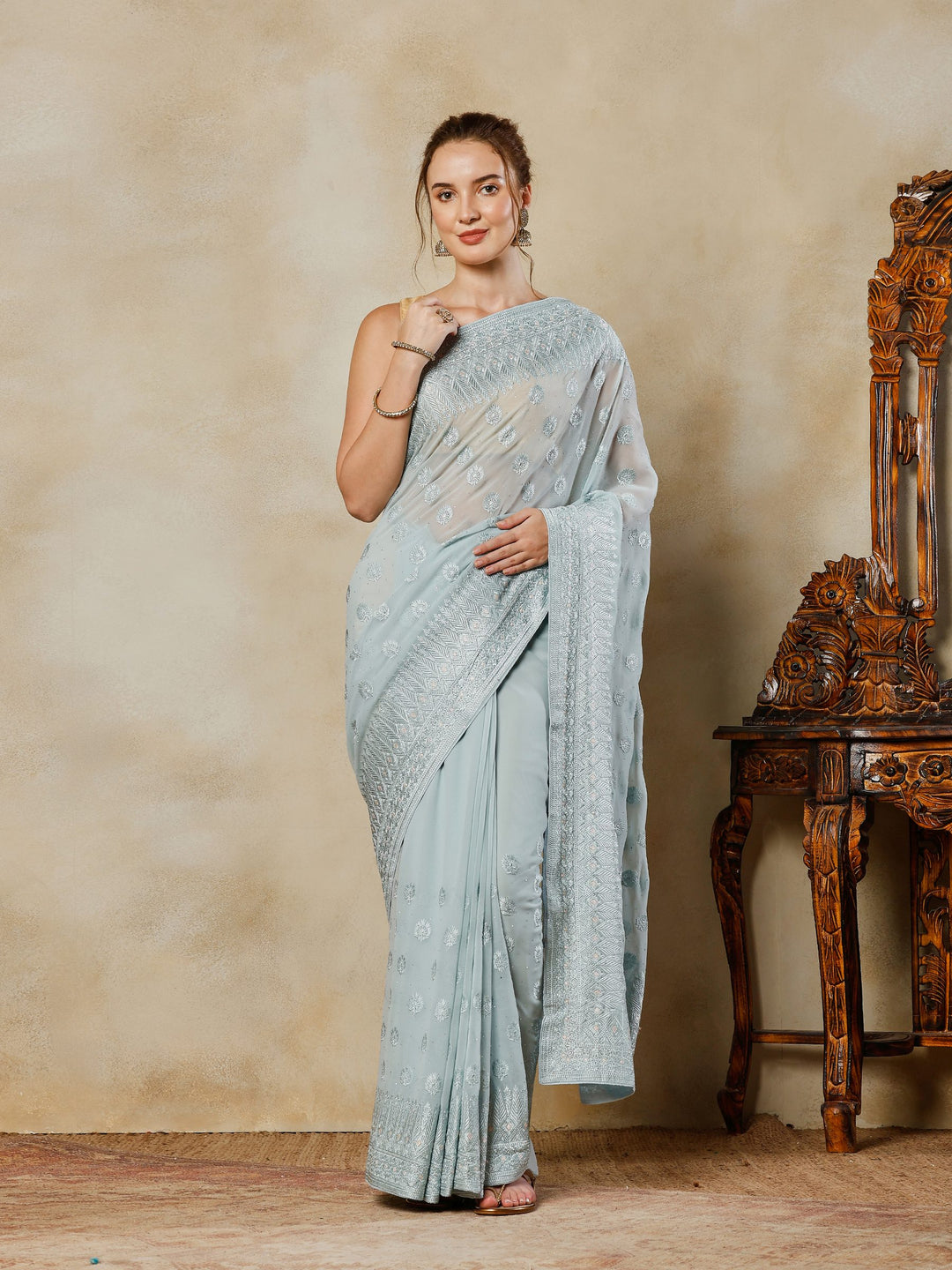 Sky Blue Embroidered Georgette Saree
