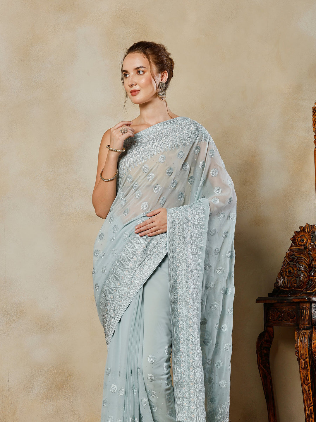 Sky Blue Embroidered Georgette Saree