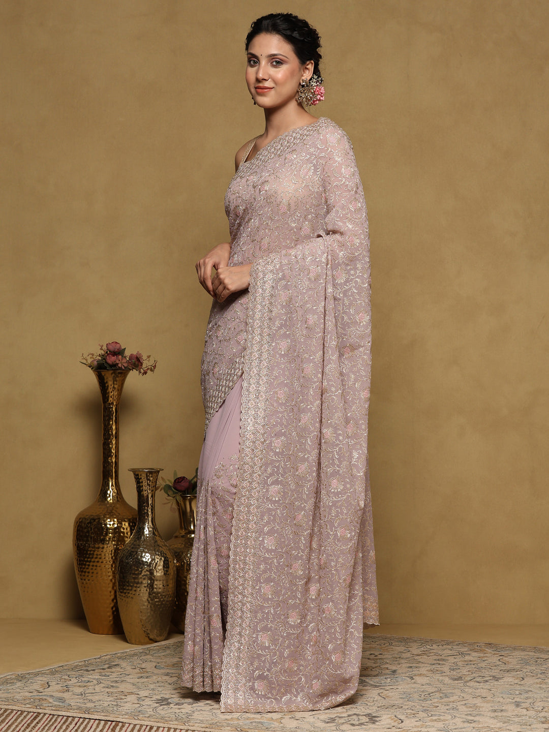 Lavender Embroidered Georgette Saree