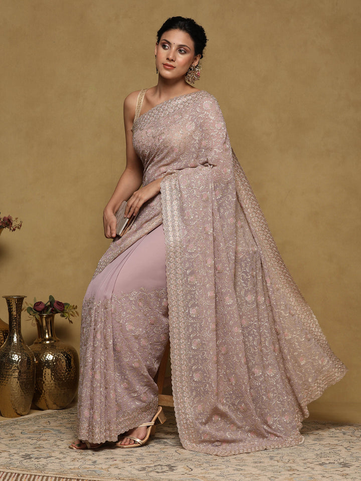 Lavender Embroidered Georgette Saree