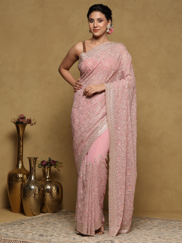 Pink Lavender Embroidered Georgette Saree