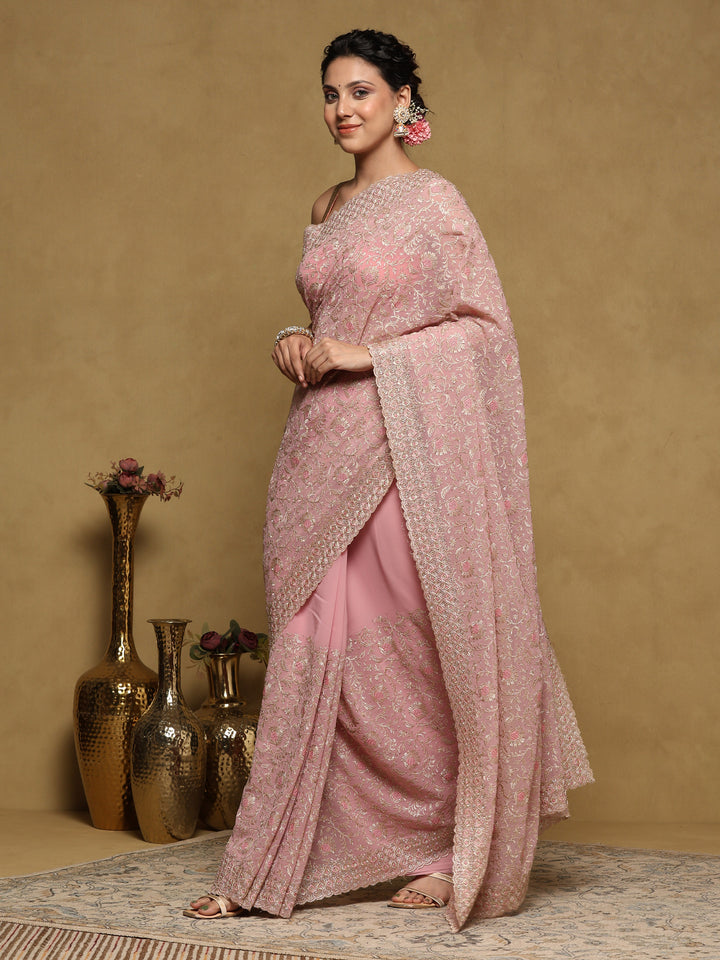Pink Embroidered Georgette Saree