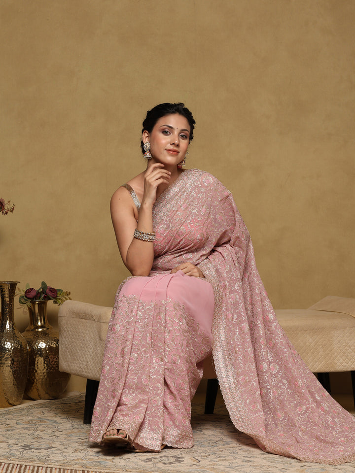 Pink Embroidered Georgette Saree