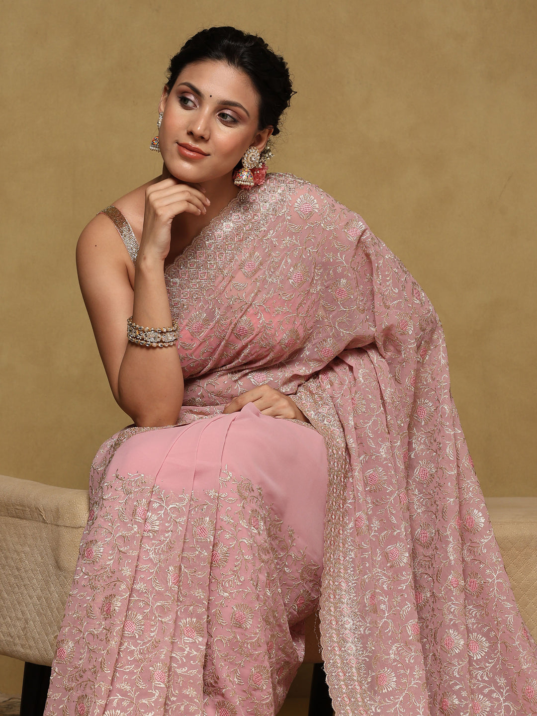 Pink Embroidered Georgette Saree