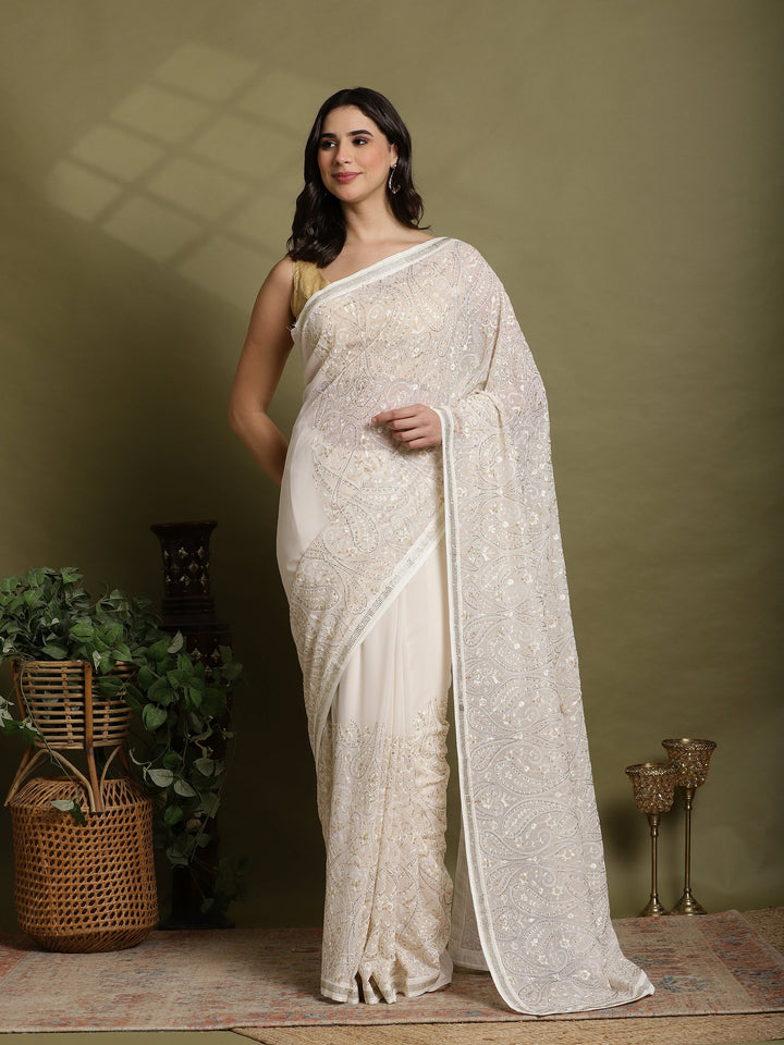 Off White Embroidered Georgette Saree