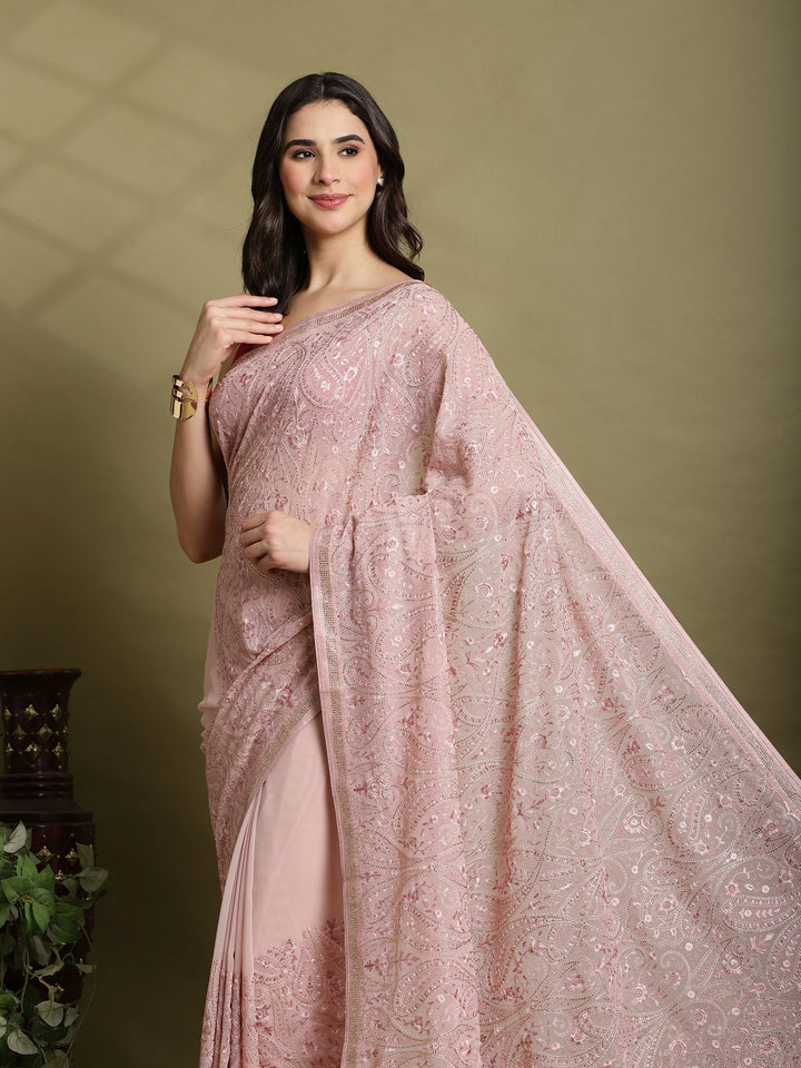 Pink Embroidered Georgette Saree