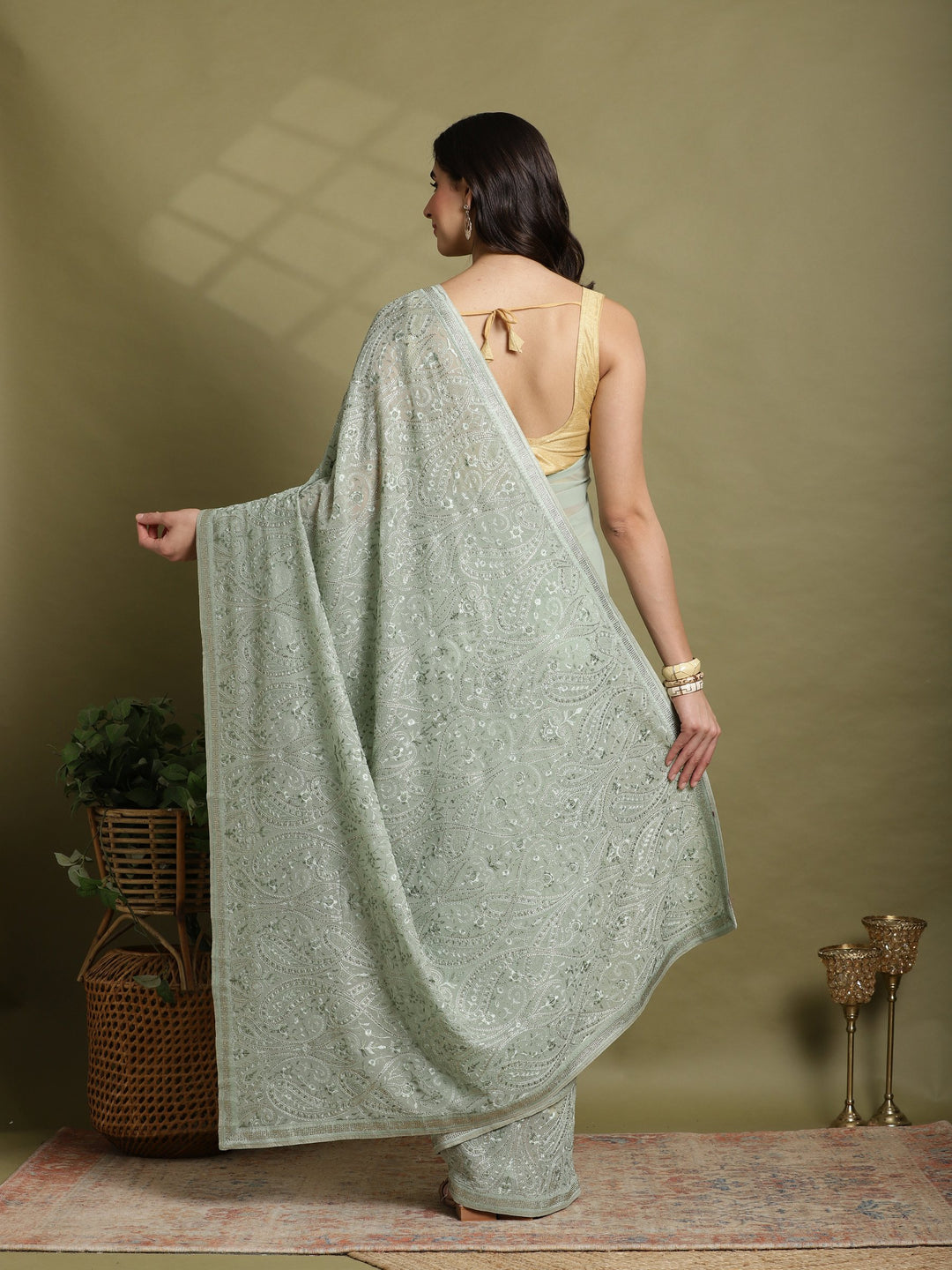 Sea Green Embroidered Georgette Saree