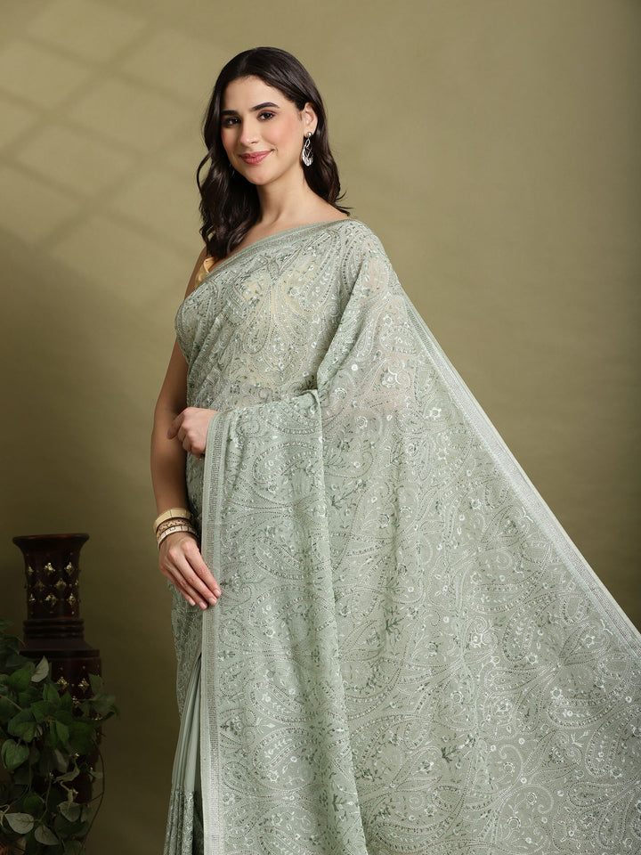 Sea Green Embroidered Georgette Saree