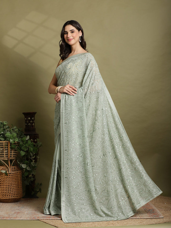 Sea Green Embroidered Georgette Saree