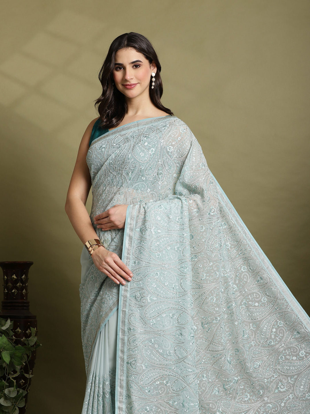 Sky Blue Embroidered Georgette Saree