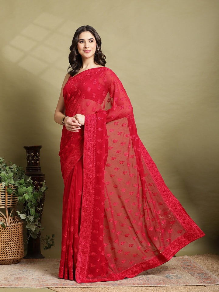 Hot Pink Embroidered Georgette Saree