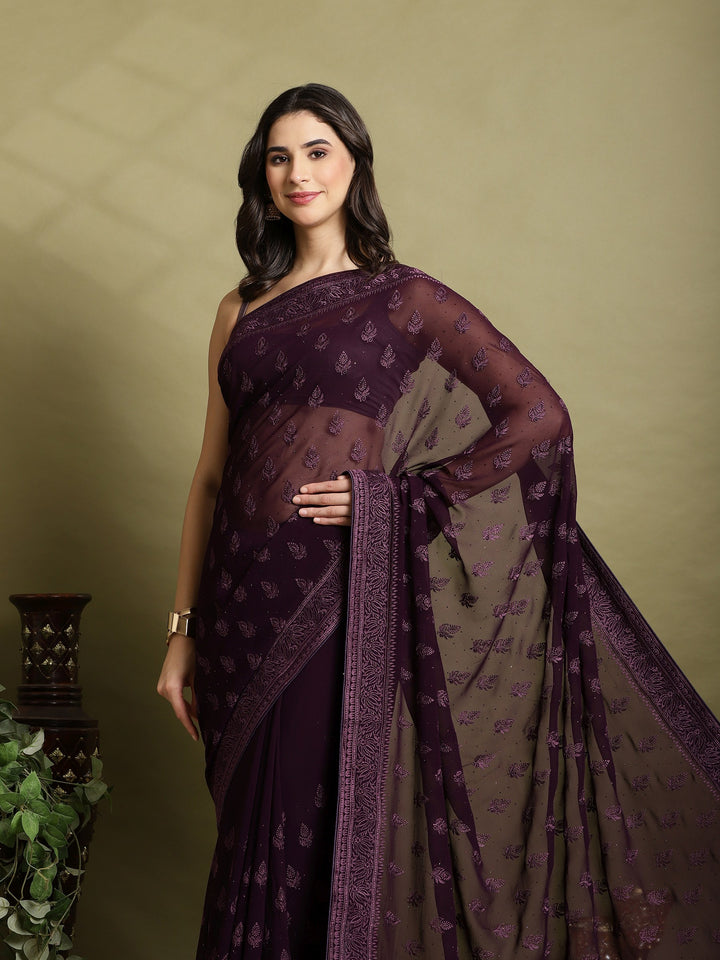 Purple Embroidered Georgette Saree