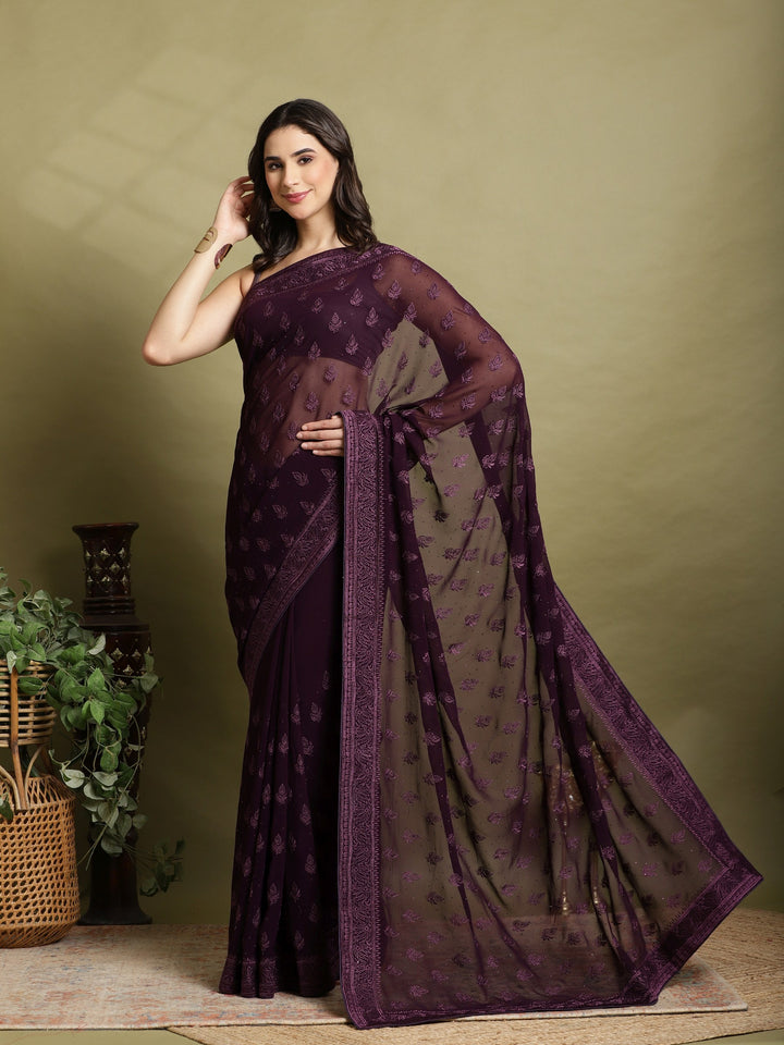 Purple Embroidered Georgette Saree