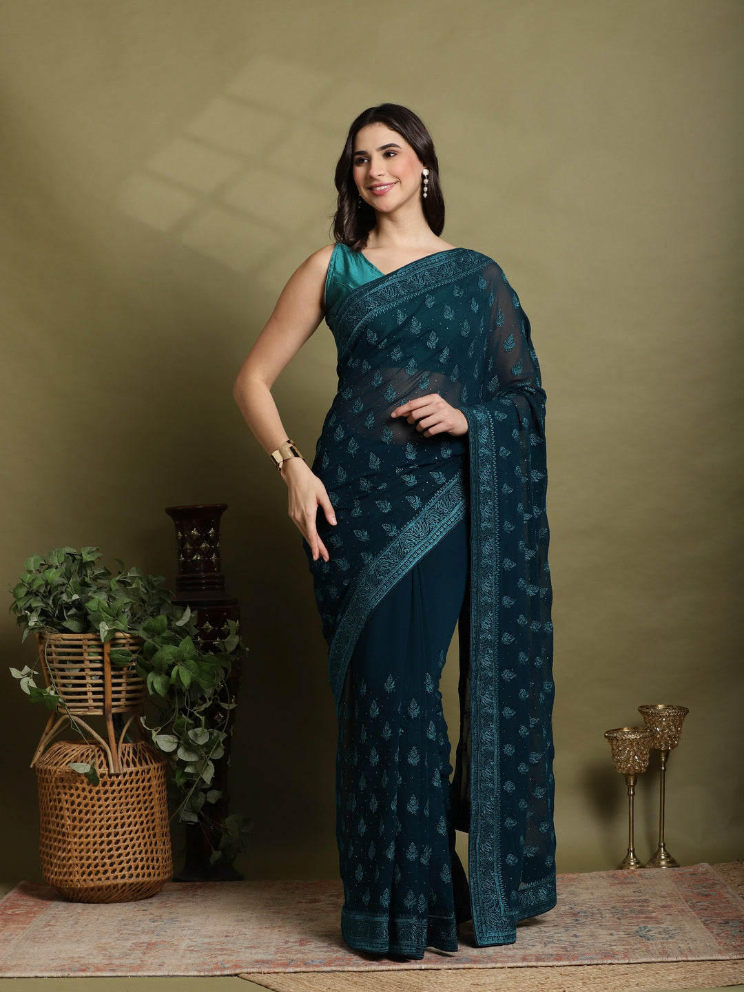 Teal Blue Embroidered Georgette Saree