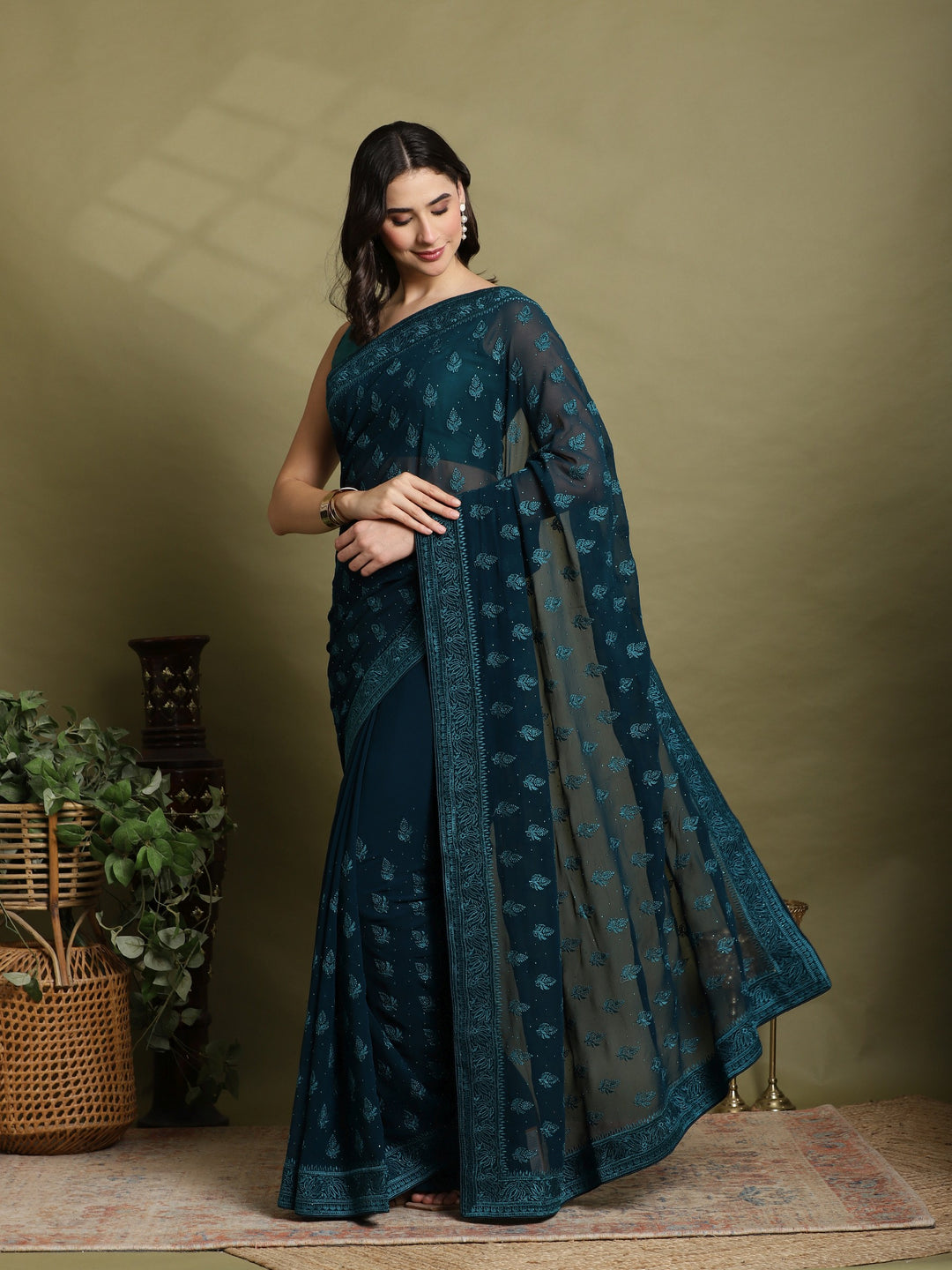 Teal Blue Embroidered Georgette Saree