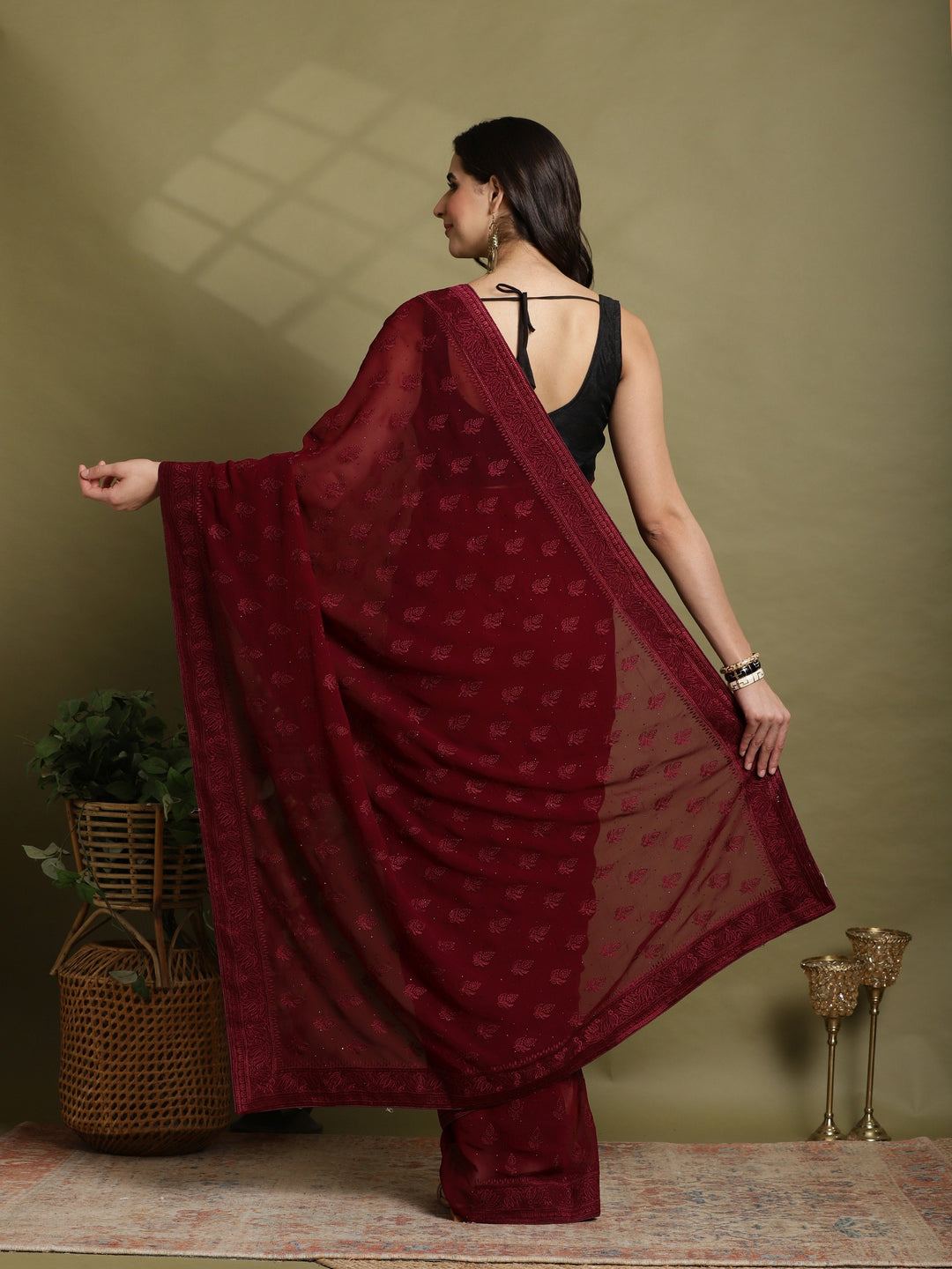 Wine Embroidered Georgette Saree