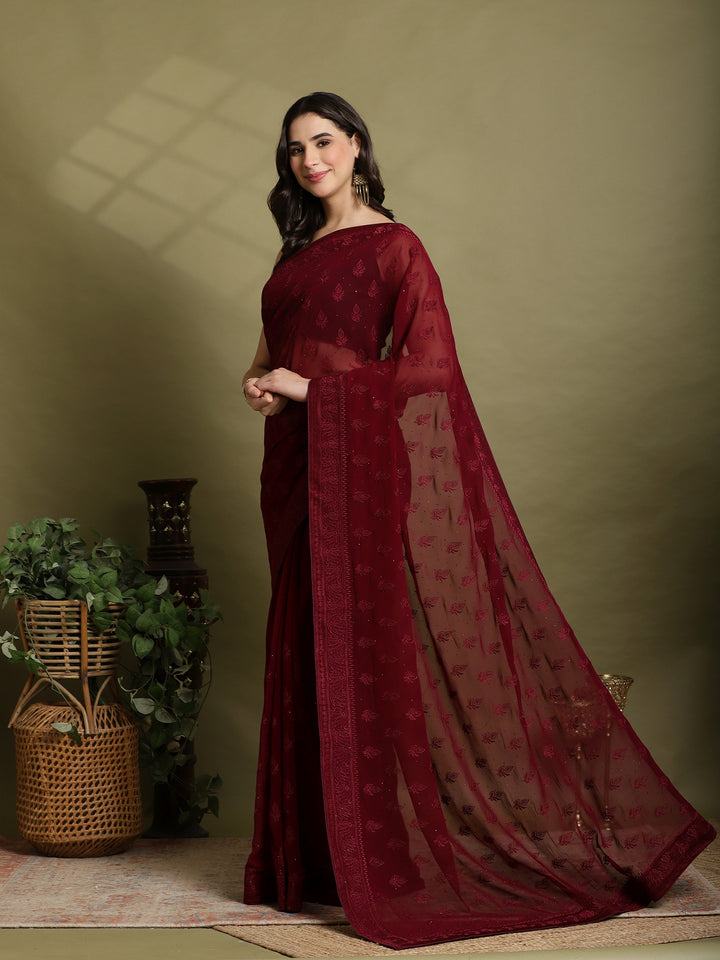 Wine Embroidered Georgette Saree